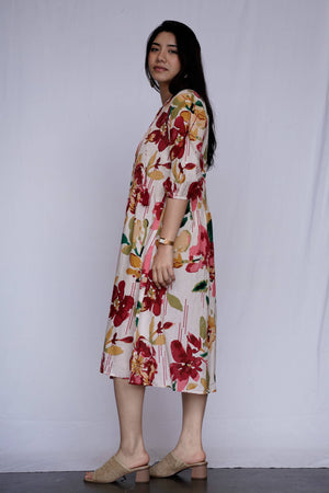 Romantic Garden Midi Dress - Red-Mustard