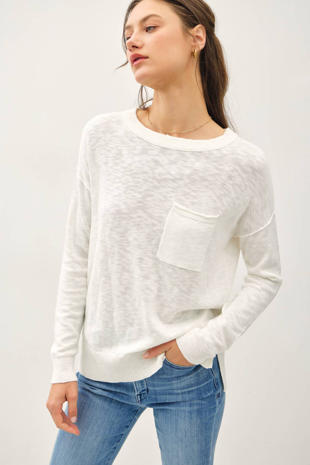 SLUB YARN ROUND NECK SWEATER WITH CHEST POCKETS-Blue Hand Home
