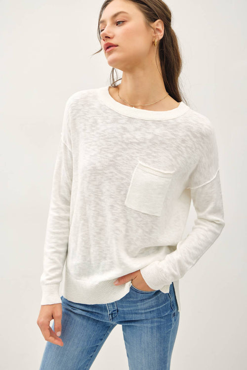 SLUB YARN ROUND NECK SWEATER WITH CHEST POCKETS-Blue Hand Home