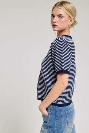 Striped Short Sleeve Button Cardigan-Blue Hand Home