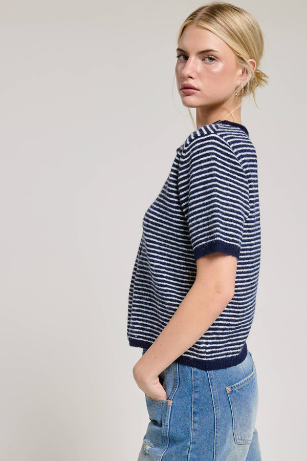 Striped Short Sleeve Button Cardigan-Blue Hand Home