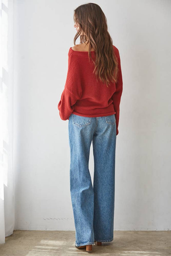 W1542 | Knit Sweater Boat Neck Long Sleeve Pullover Top
