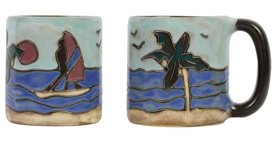 Mara Stoneware Palm Trees/Surfer Mug-Blue Hand Home