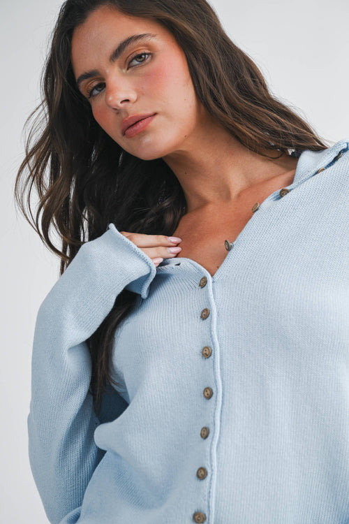 5221HK Button Front Cropped Knit Cardigan-Blue Hand Home