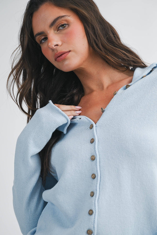 5221HK Button Front Cropped Knit Cardigan-Blue Hand Home