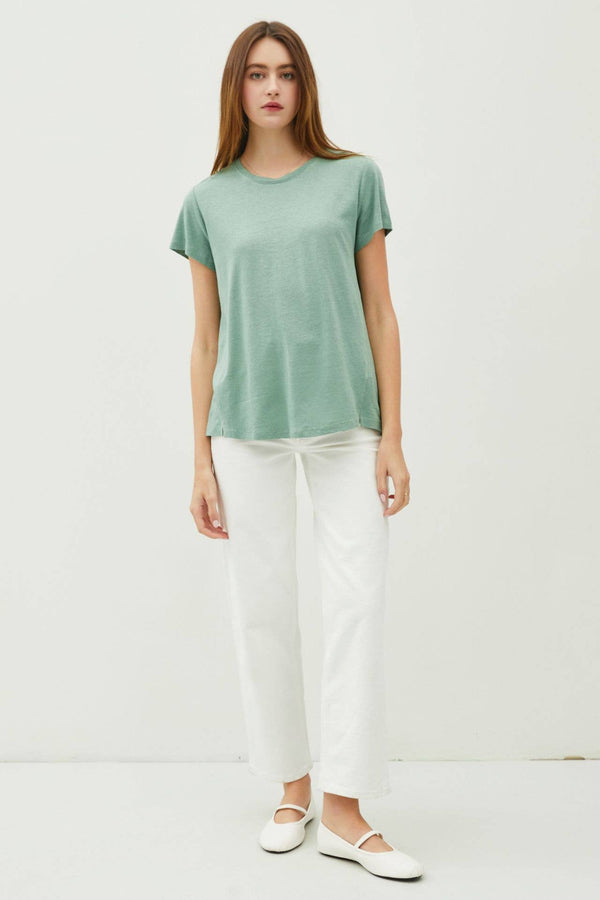 Classic Round Neck Split Hem T-Shirt-Blue Hand Home