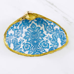 Light Blue Damask Decoupage Clam Shell Trinket Dish-Blue Hand Home