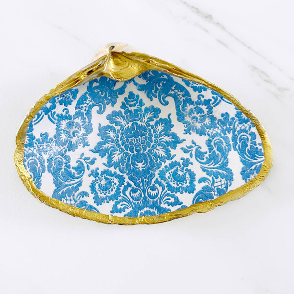 Light Blue Damask Decoupage Clam Shell Trinket Dish-Blue Hand Home
