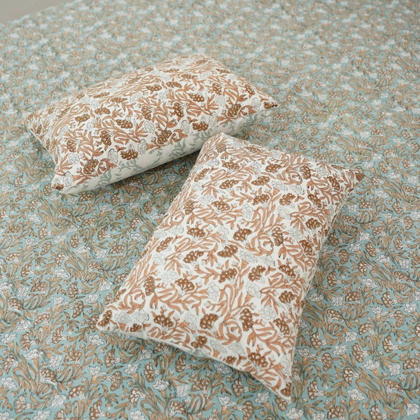 Bohemian Block Bedsheet With Pillow Cover -Throny Stems-Blue Hand Home