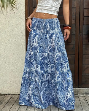 Smocked Elastic Beach Paisley Print Tiered Maxi Skirt-Blue Hand Home