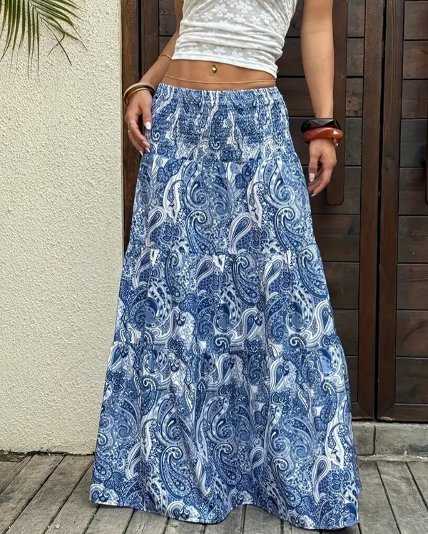 Smocked Elastic Beach Paisley Print Tiered Maxi Skirt-Blue Hand Home