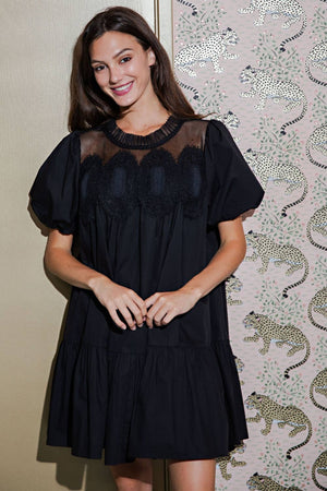 Bubble Sleeve Crochet Lace Babydoll Dress-Blue Hand Home