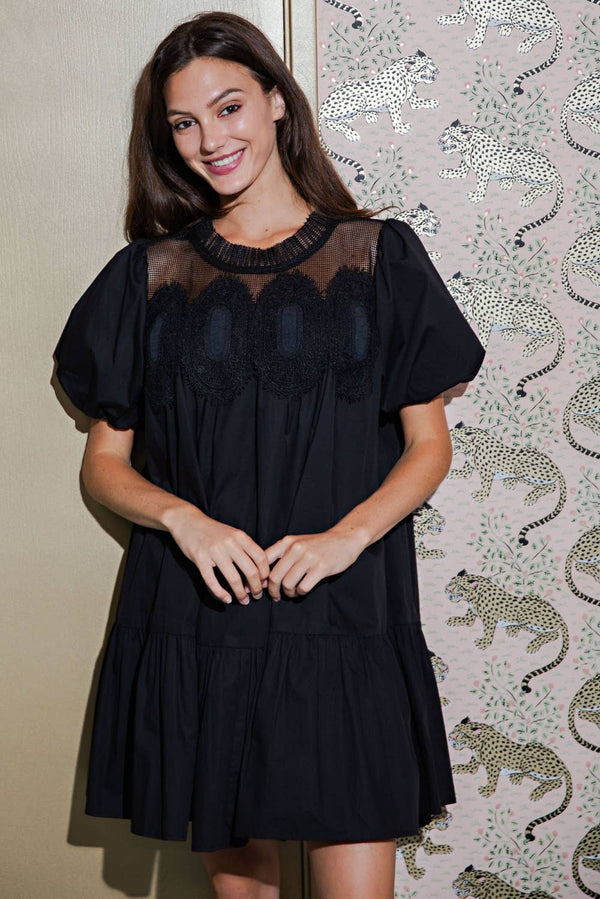 Bubble Sleeve Crochet Lace Babydoll Dress-Blue Hand Home