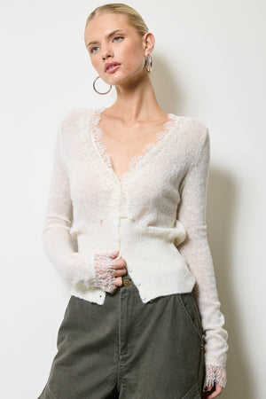Lace Trim V Neck Knit Cardigan-Blue Hand Home