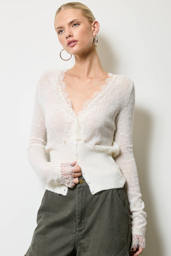 Lace Trim V Neck Knit Cardigan-Blue Hand Home