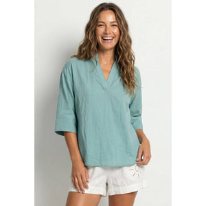 Contrast Stitch Detail Popover Blouse-Blue Hand Home