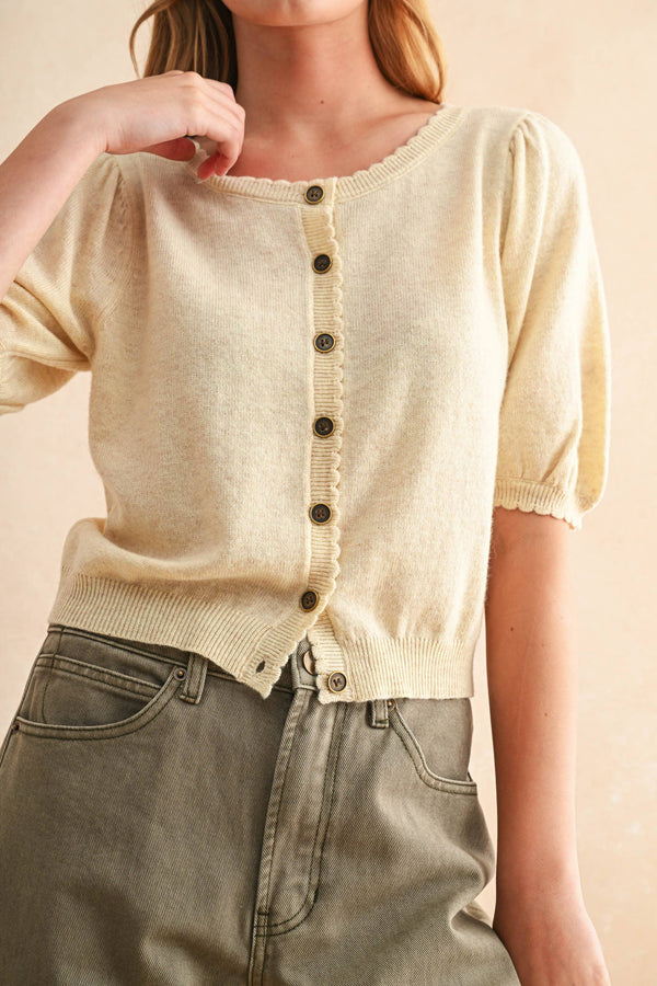 J5056 PUFF SHORT SLEEVE BUTTON DOWN KNIT CARDIGAN-Blue Hand Home
