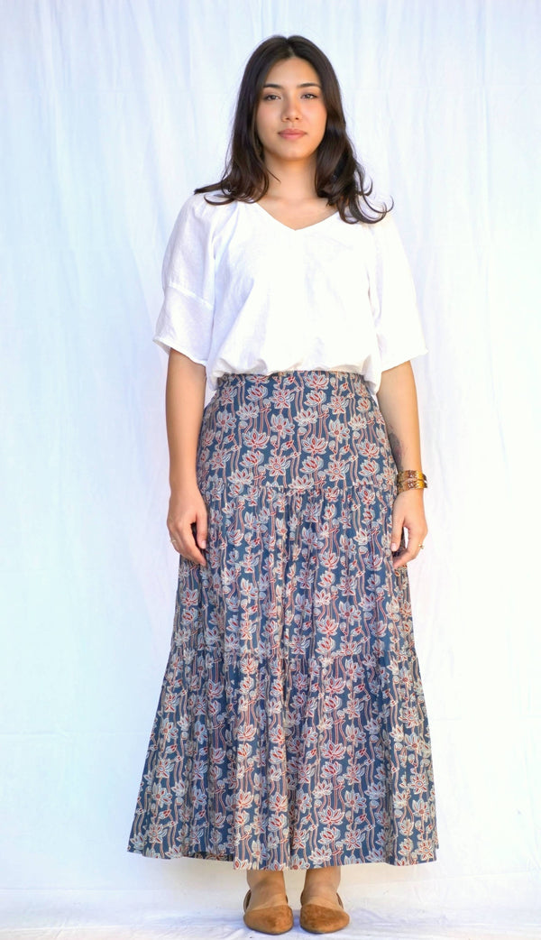 Block Printed Tiered Cotton Skirt- Indigo -Blue Hand Home