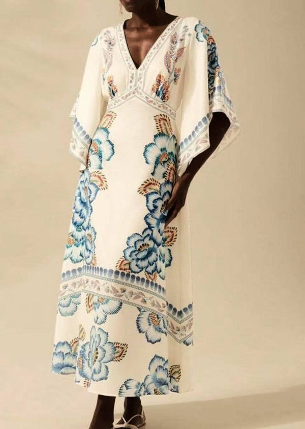 Exotic Tropical/ Floral Flair V-Neck Bell Sleeve Dress-Blue Hand Home
