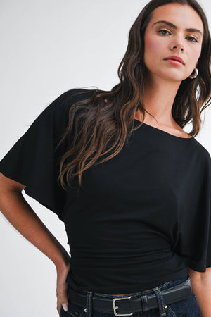 8654hk Draped Short Sleeve Back Tie Top Tee
