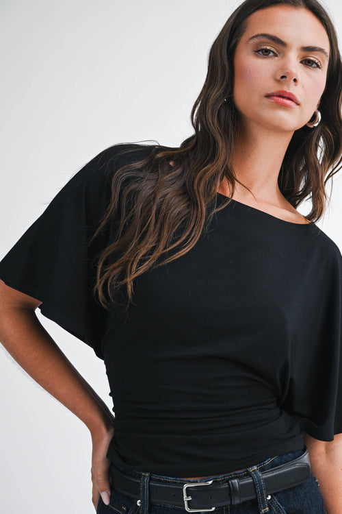 8654hk Draped Short Sleeve Back Tie Top Tee