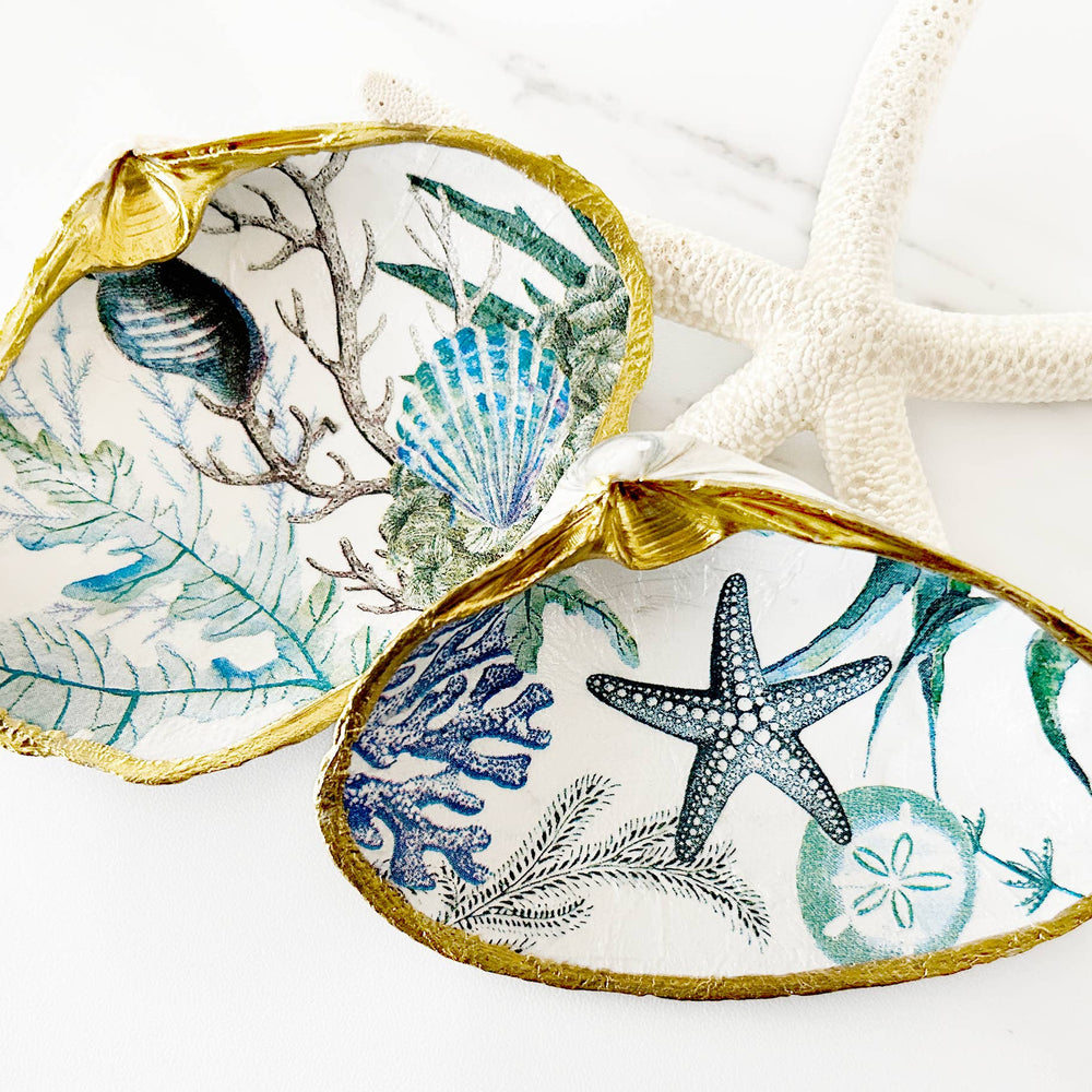 Starfish Coral Reef Decoupage Clam Shell Trinket Dish-Blue Hand Home