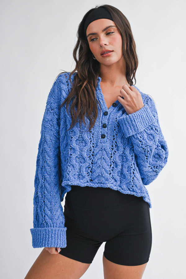 3463hk Textured Cropped Henley Knit Sweater