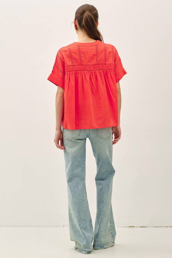 EYELET LACED OVERSIZE DOLMAN SLEEVE TOP-Blue Hand Home