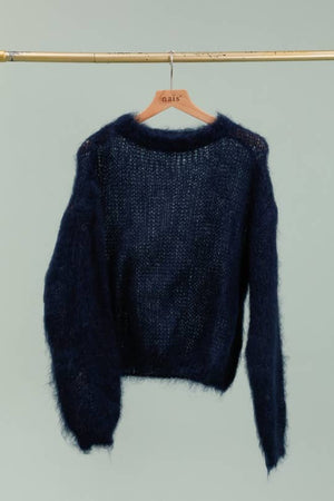 Round neck long sleeve sweater in 80% kid mohair-Blue Hand Home