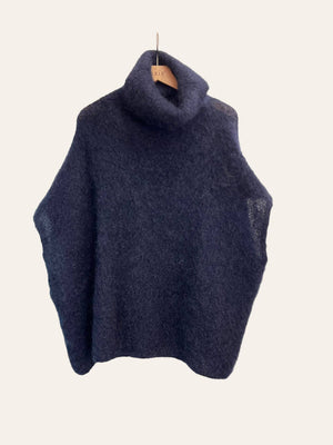80% Kid Mohair Turtleneck Poncho Sweater: Vert Amande / One Size-Blue Hand Home