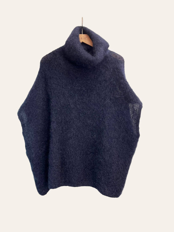 80% Kid Mohair Turtleneck Poncho Sweater: Vert Amande / One Size-Blue Hand Home