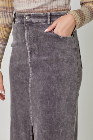 60742 Washed Front Slit Corduroy Skirt-Blue Hand Home
