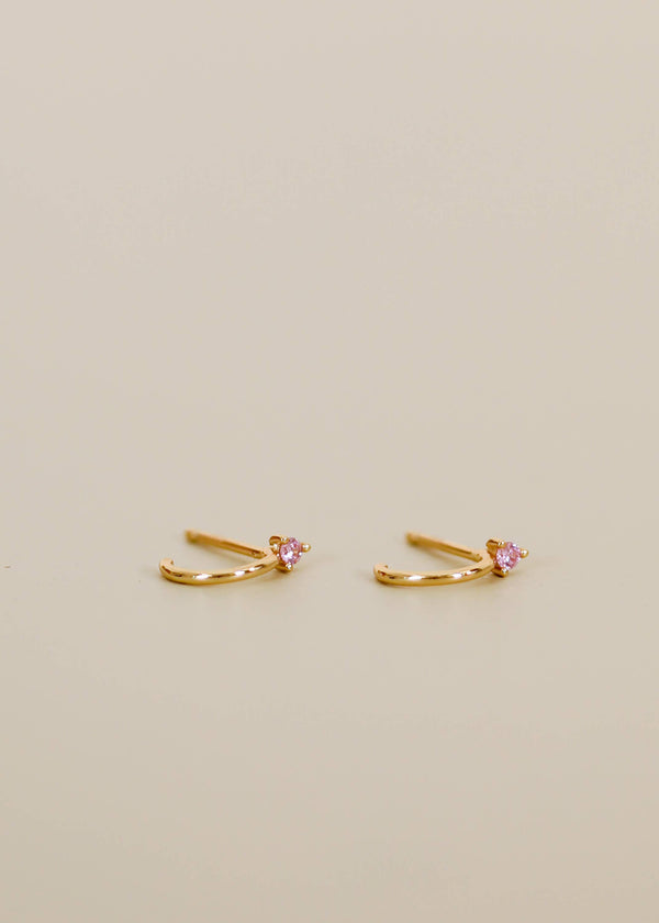 Open Mini Hoop - Pink Cz - Gold Earrings