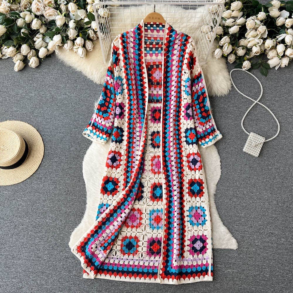 BOHO Color Blocks Crochet Cardigan long maxi cover-up-Blue Hand Home