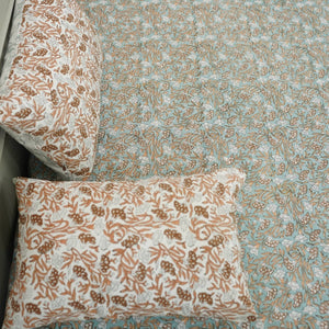 Bohemian Block Bedsheet With Pillow Cover -Throny Stems-Blue Hand Home