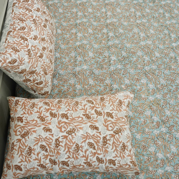 Bohemian Block Bedsheet With Pillow Cover -Throny Stems-Blue Hand Home