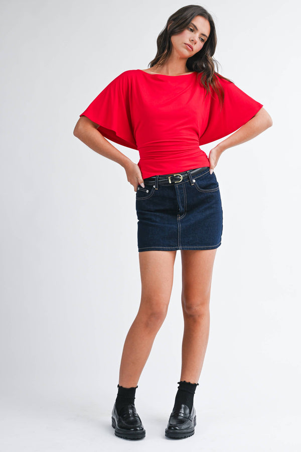 8654hk Draped Short Sleeve Back Tie Top Tee