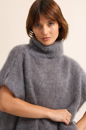 80% Kid Mohair Turtleneck Poncho Sweater: Vert Amande / One Size-Blue Hand Home