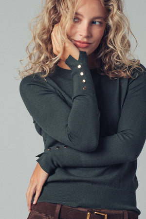 Polished Button Cuff Slim Knit Top-Blue Hand Home
