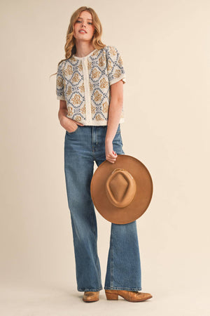 FLORAL SHORT SLEEVE SWEATER CARDIGAN MSW11258-Blue Hand Home