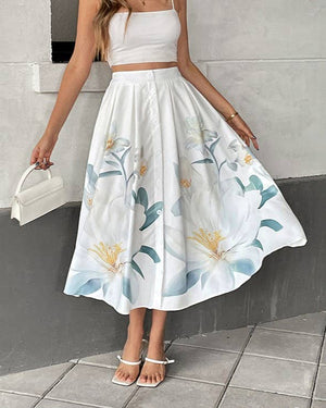 Casual Sweet Floral Print Skirt-Blue Hand Home