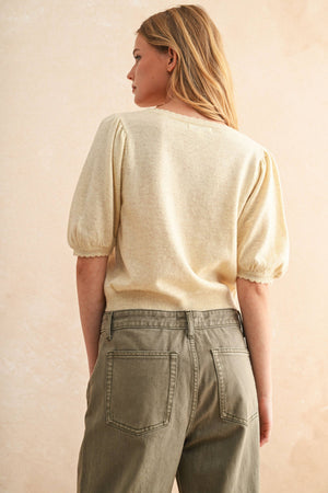 J5056 PUFF SHORT SLEEVE BUTTON DOWN KNIT CARDIGAN-Blue Hand Home