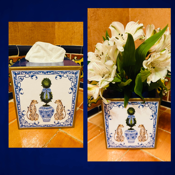 Paper mache Kleenex box with leopards and chinoiserie-Blue Hand Home