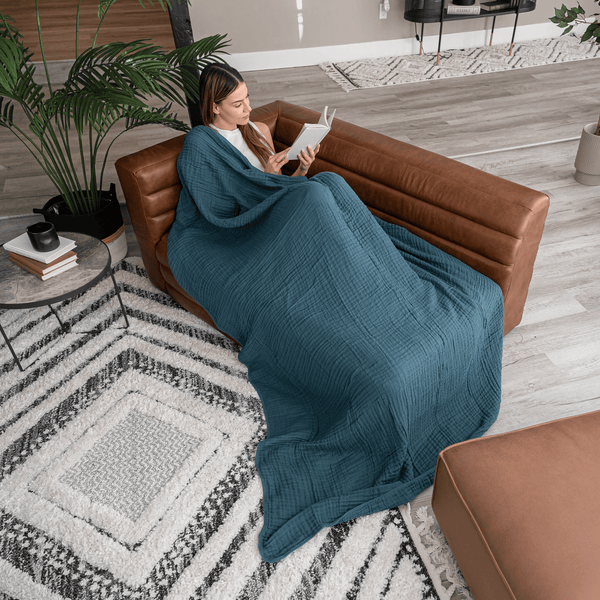 Muslin Blanket for Adults, 6-Layer Bedding by Comfy Cubs-Blue Hand Home