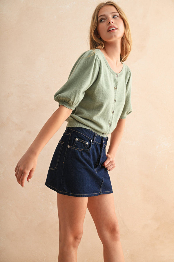J5056 PUFF SHORT SLEEVE BUTTON DOWN KNIT CARDIGAN-Blue Hand Home