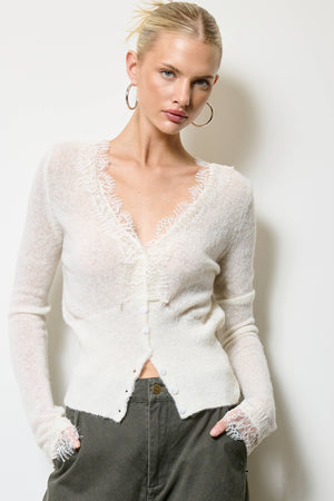 Lace Trim V Neck Knit Cardigan-Blue Hand Home