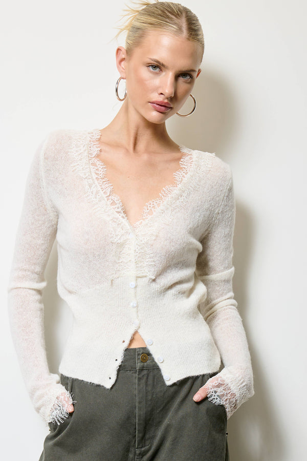 Lace Trim V Neck Knit Cardigan-Blue Hand Home