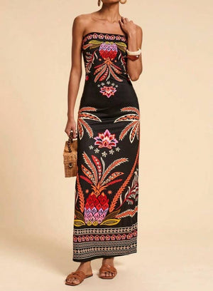 Tropical Floral Print Strapless Maxi Dress Tube Dress-Blue Hand Home