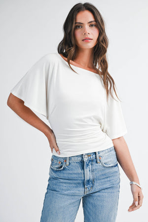 8654hk Draped Short Sleeve Back Tie Top Tee