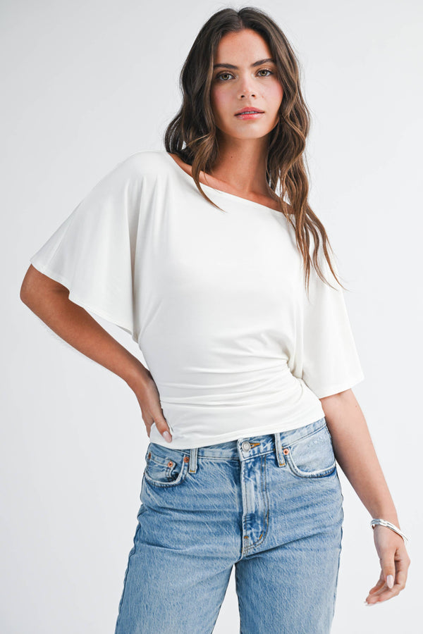 8654hk Draped Short Sleeve Back Tie Top Tee